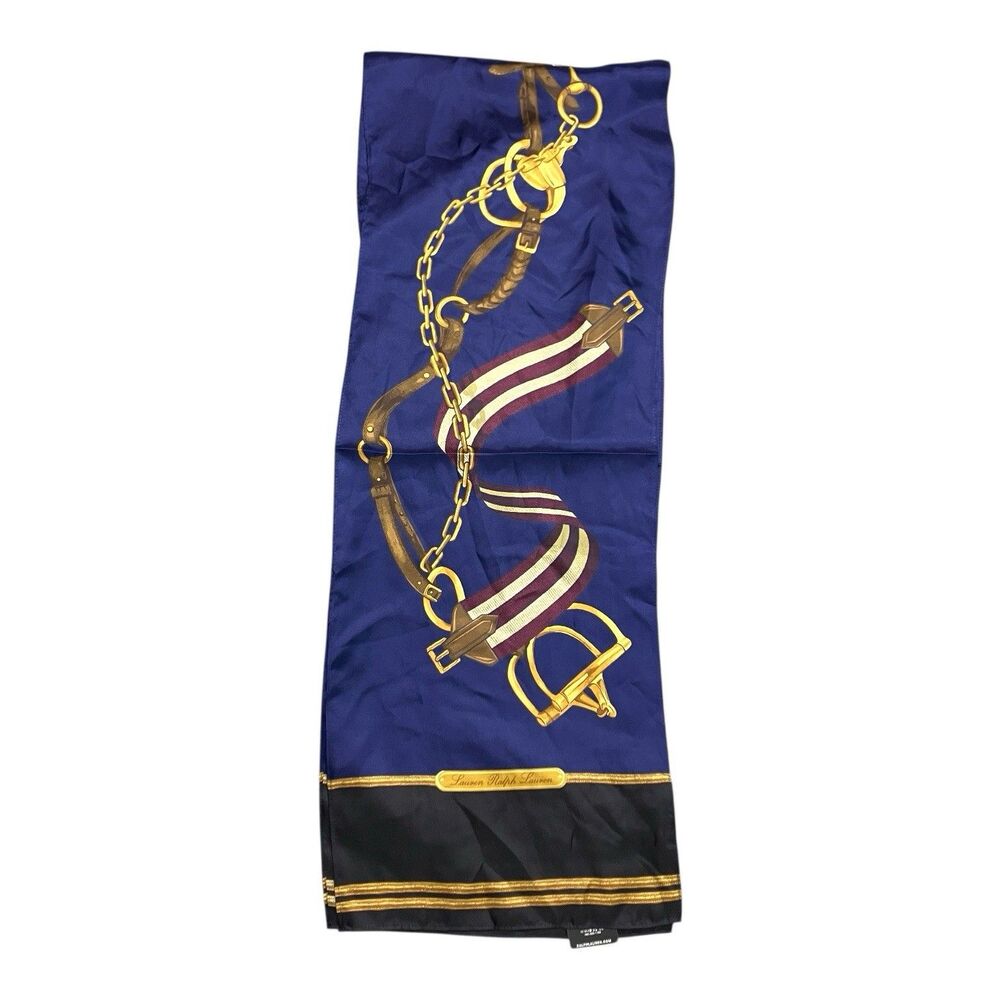 Lauren Ralph Lauren Silk Scarf Womens OS Blue Equestrian Chain Print Preppy Luxe